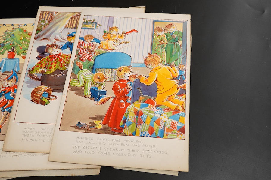 Gertrude Breary, Set of six original watercolours for children's postcard designs, Humourous cats, to include, Toboganning and Carol Singing, each signed, unframed, watercolours on card, 27 x 19cm